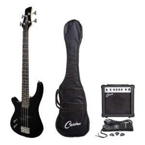 Casino CTB-24S-L-BLK '24 Series' Left Handed Short Scale Tune-Style Electric Bass Guitar and 15 Watt Amplifier Pack