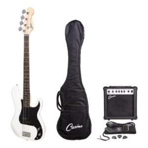 Casino CPB-21-WHT P-Style Electric Bass Guitar and 15 Watt Amplifier Pack